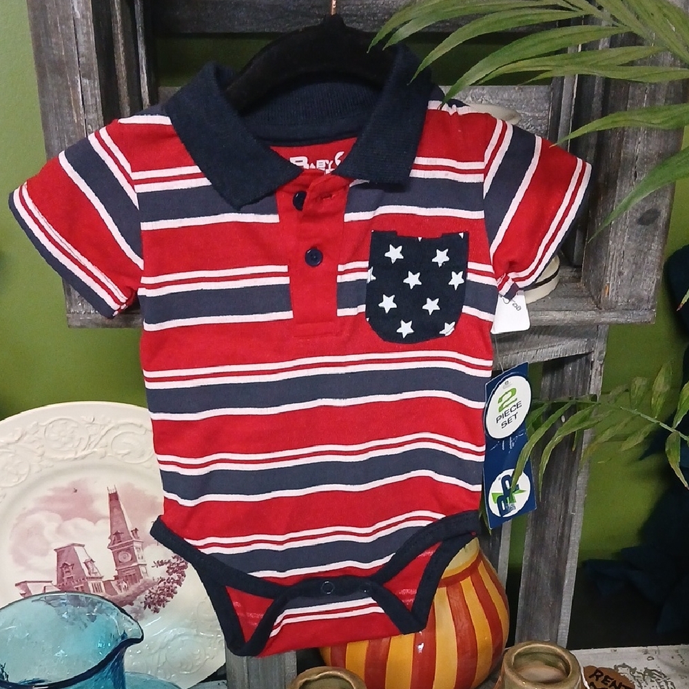 Striped Red & Navy Baby Polo Onesie with Star Pocket